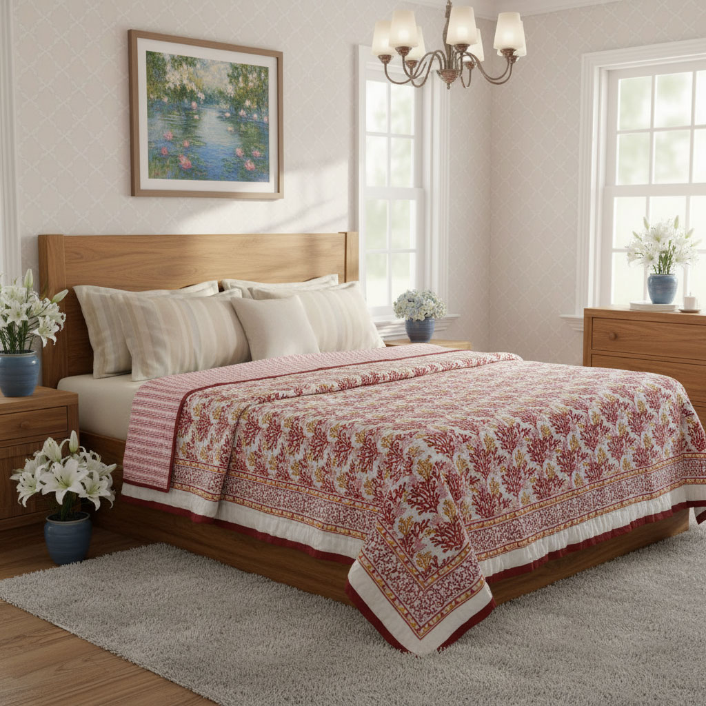 Hand Block Printed Cotton Queen Size Quilt Coral Multi Red 701927