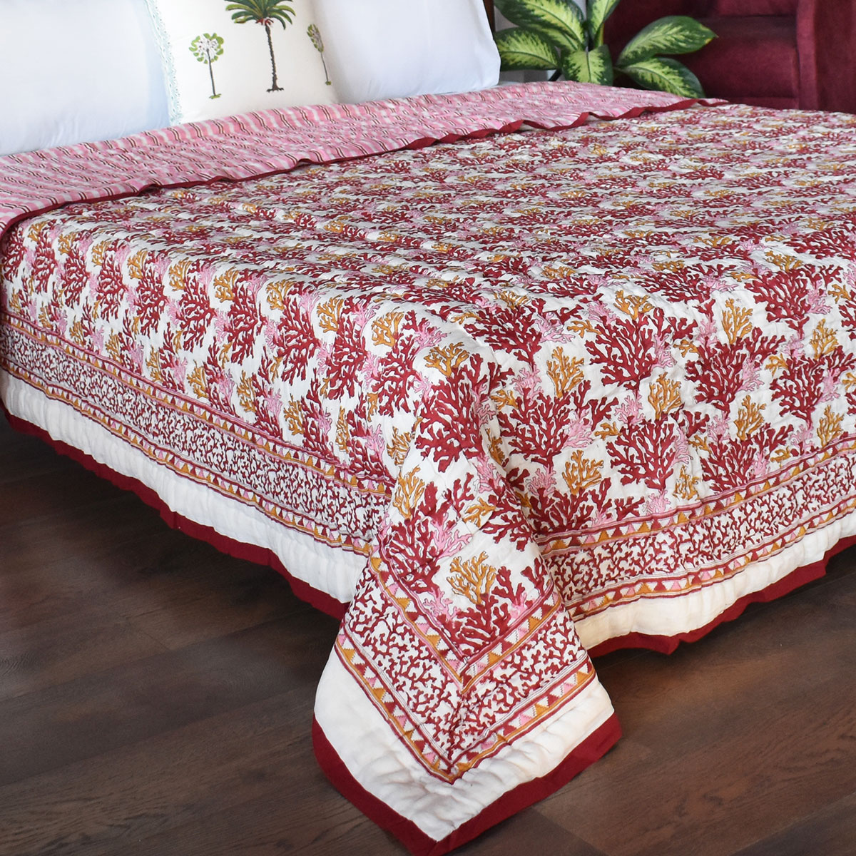 Hand Block Printed Cotton Queen Size Quilt Coral Multi Red 701927