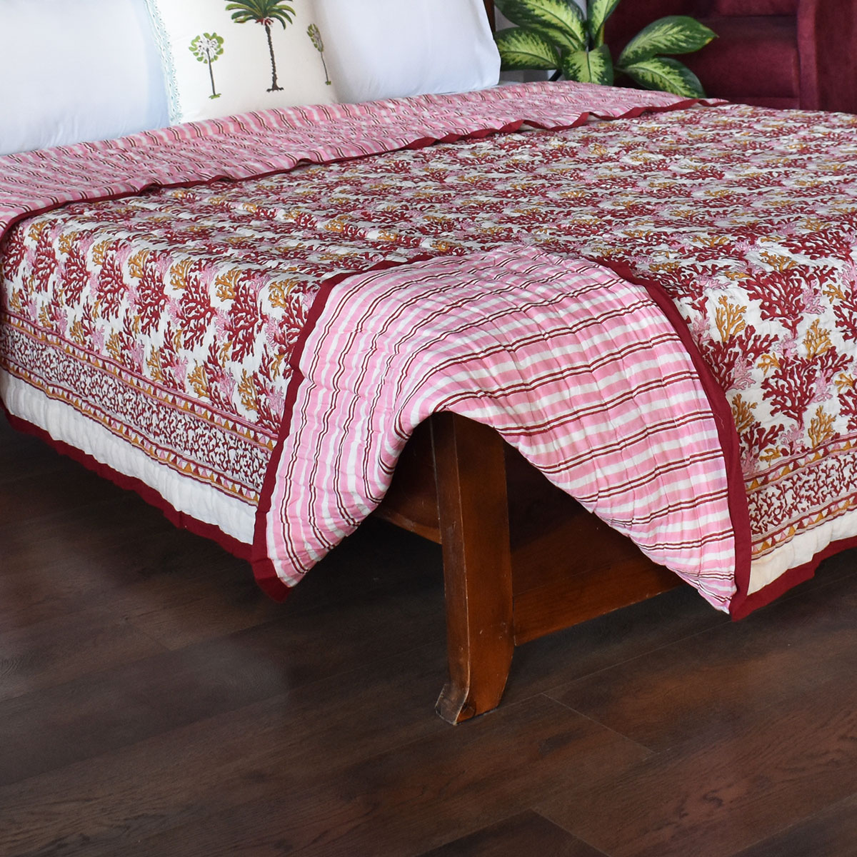Hand Block Printed Cotton Queen Size Quilt Coral Multi Red 701927