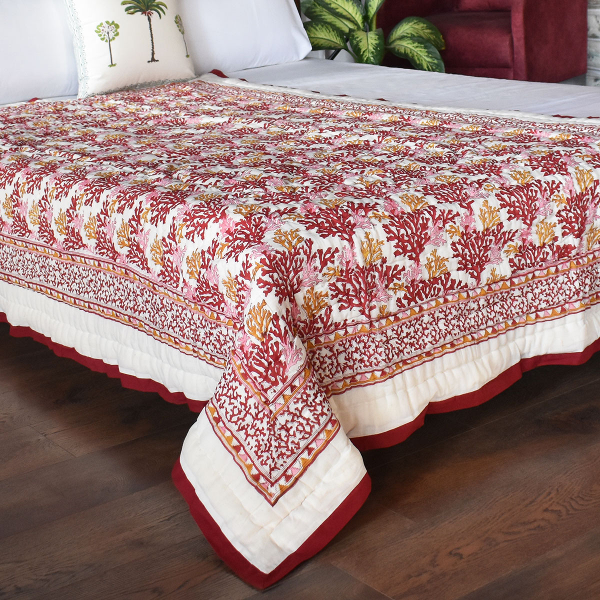 Hand Block Printed Cotton Twin Size Quilt Coral Multi Red 701927