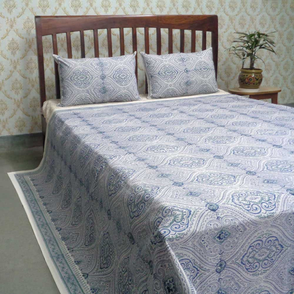 Cotton Block Printed Queen Size Bedspread Imperial Jade Blue 101300