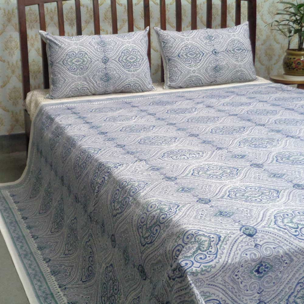 Cotton Block Printed Queen Size Bedspread Imperial Jade Blue 101300