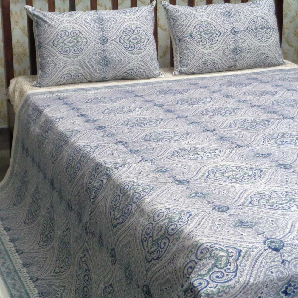 Cotton Block Printed Queen Size Bedspread Imperial Jade Blue 101300