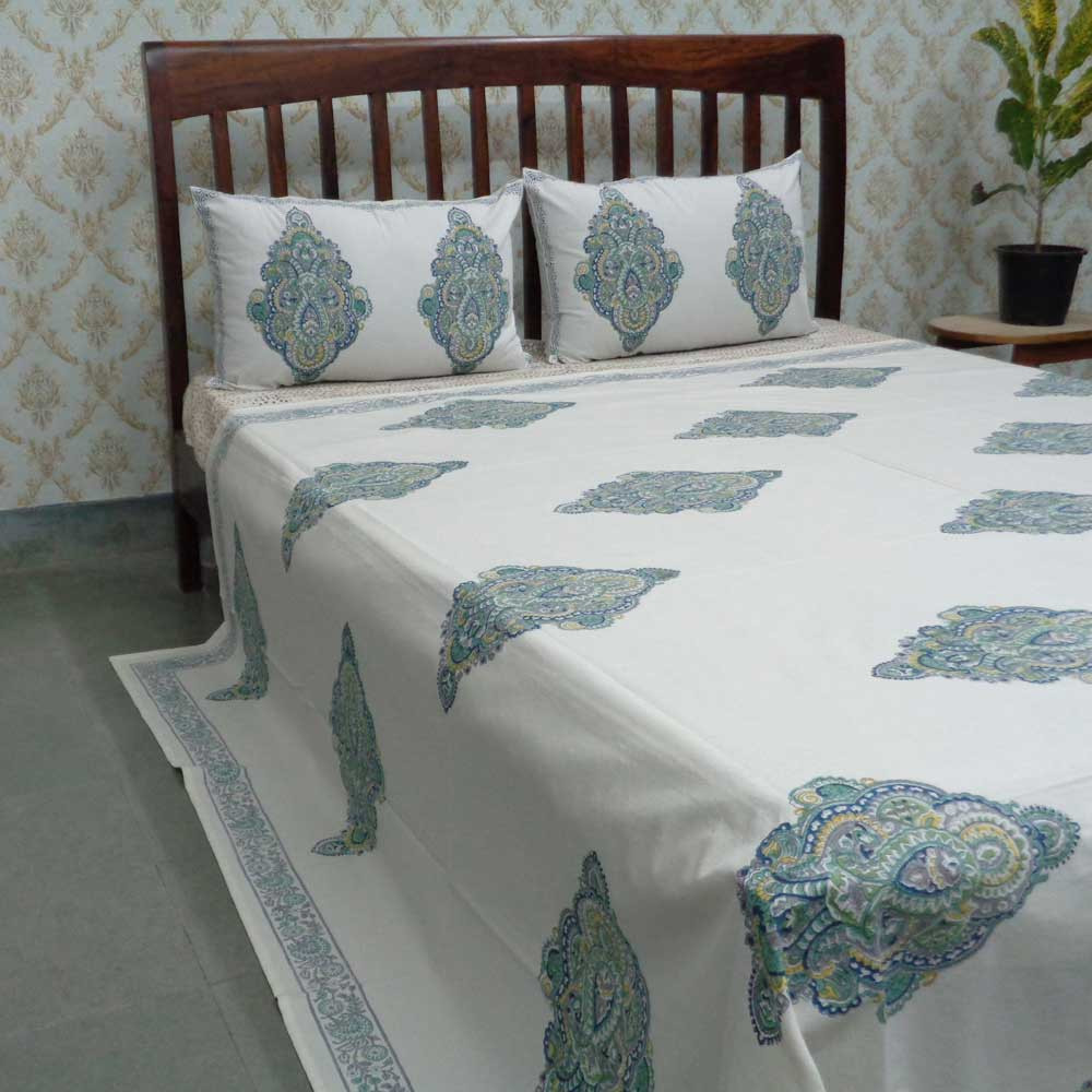 Cotton Block Printed Queen Size Bedspread Badi Ambi Jade Blue 108296