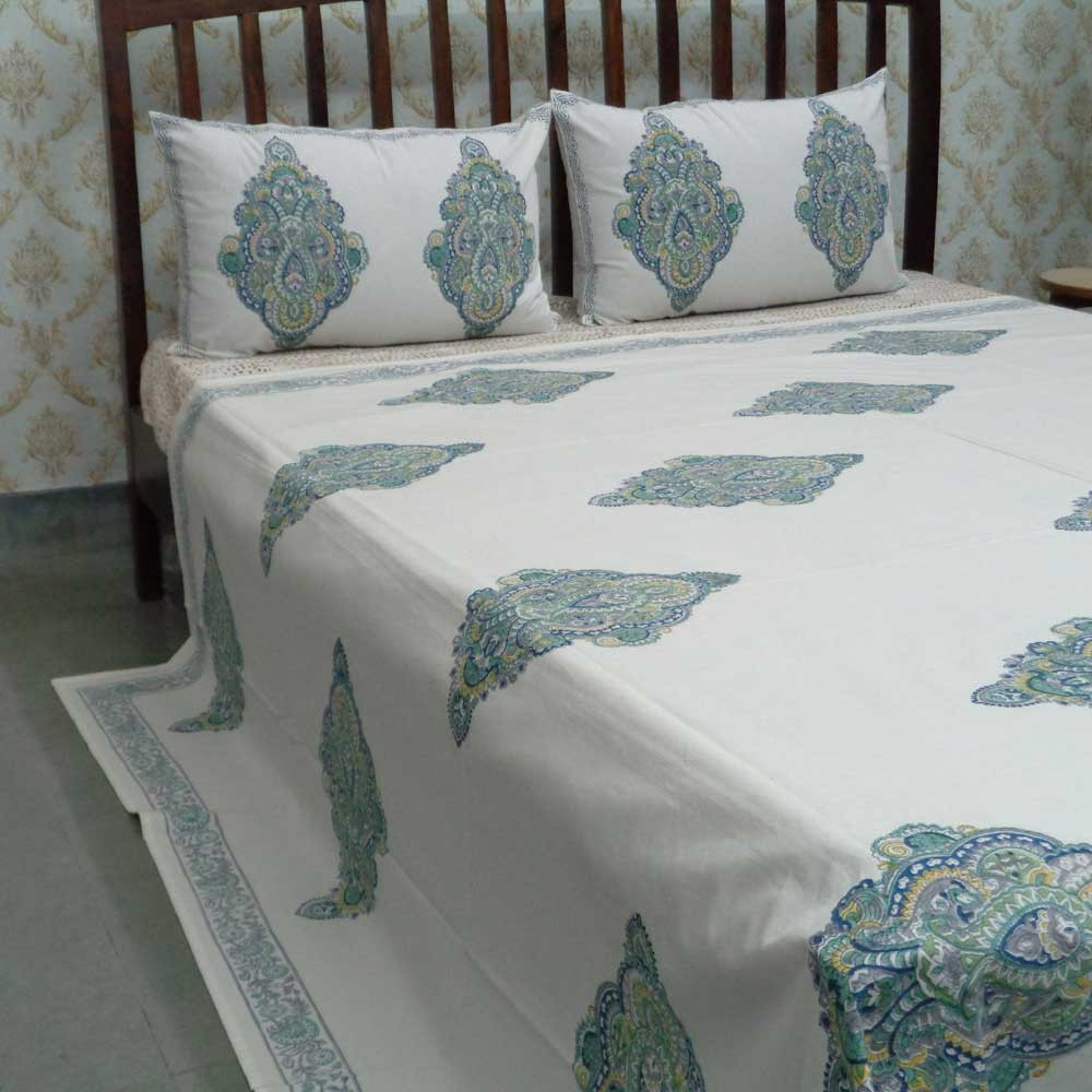 Cotton Block Printed Queen Size Bedspread Badi Ambi Jade Blue 108296