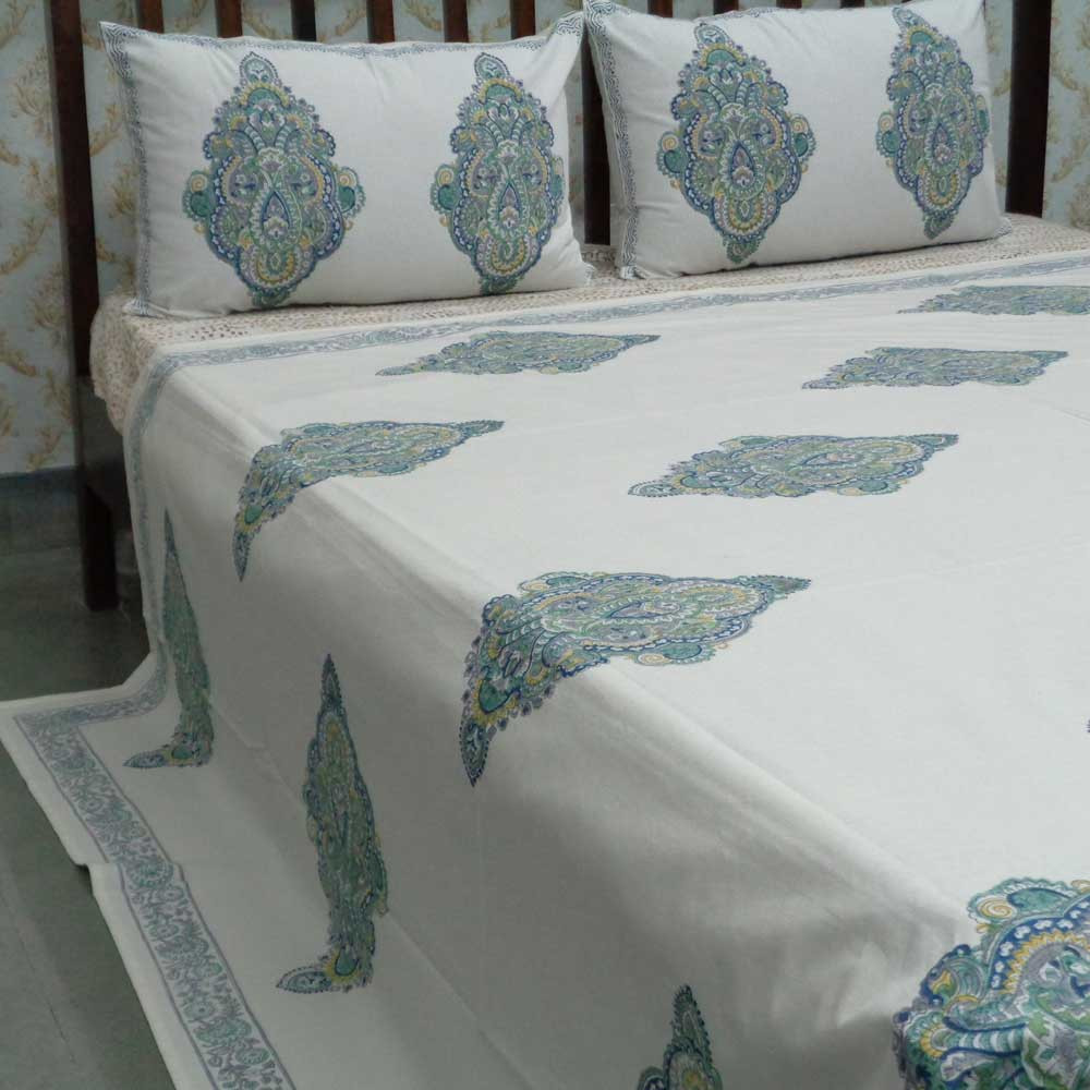 Cotton Block Printed Queen Size Bedspread Badi Ambi Jade Blue 108296