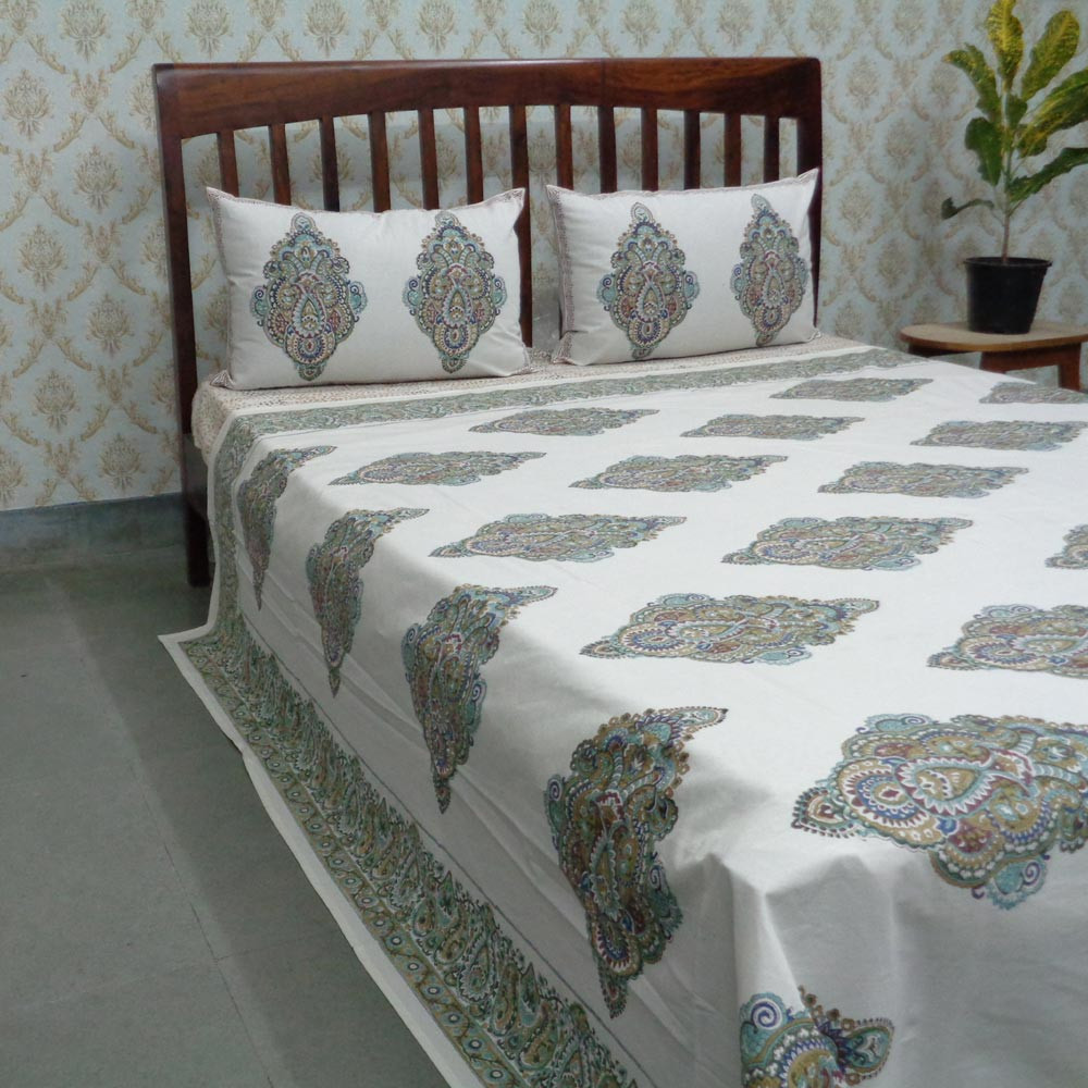 Cotton Block Printed Queen Size Bedspread  Badi Ambi Olive 108272