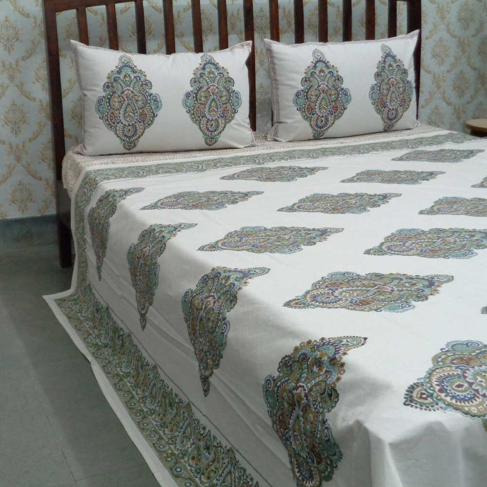 Cotton Block Printed Queen Size Bedspread  Badi Ambi Olive 108272