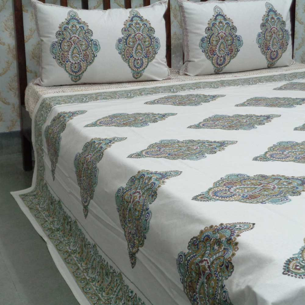 Cotton Block Printed Queen Size Bedspread  Badi Ambi Olive 108272