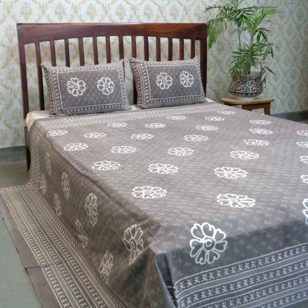 Cotton Block Printed Queen Size Bedspread Bagru Grey Floral 2024