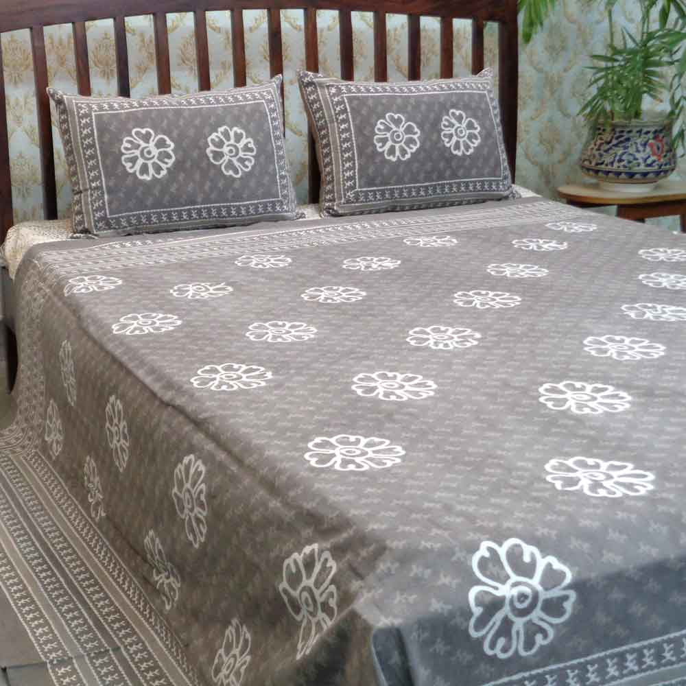 Cotton Block Printed Queen Size Bedspread  Bagru Grey Floral 2024