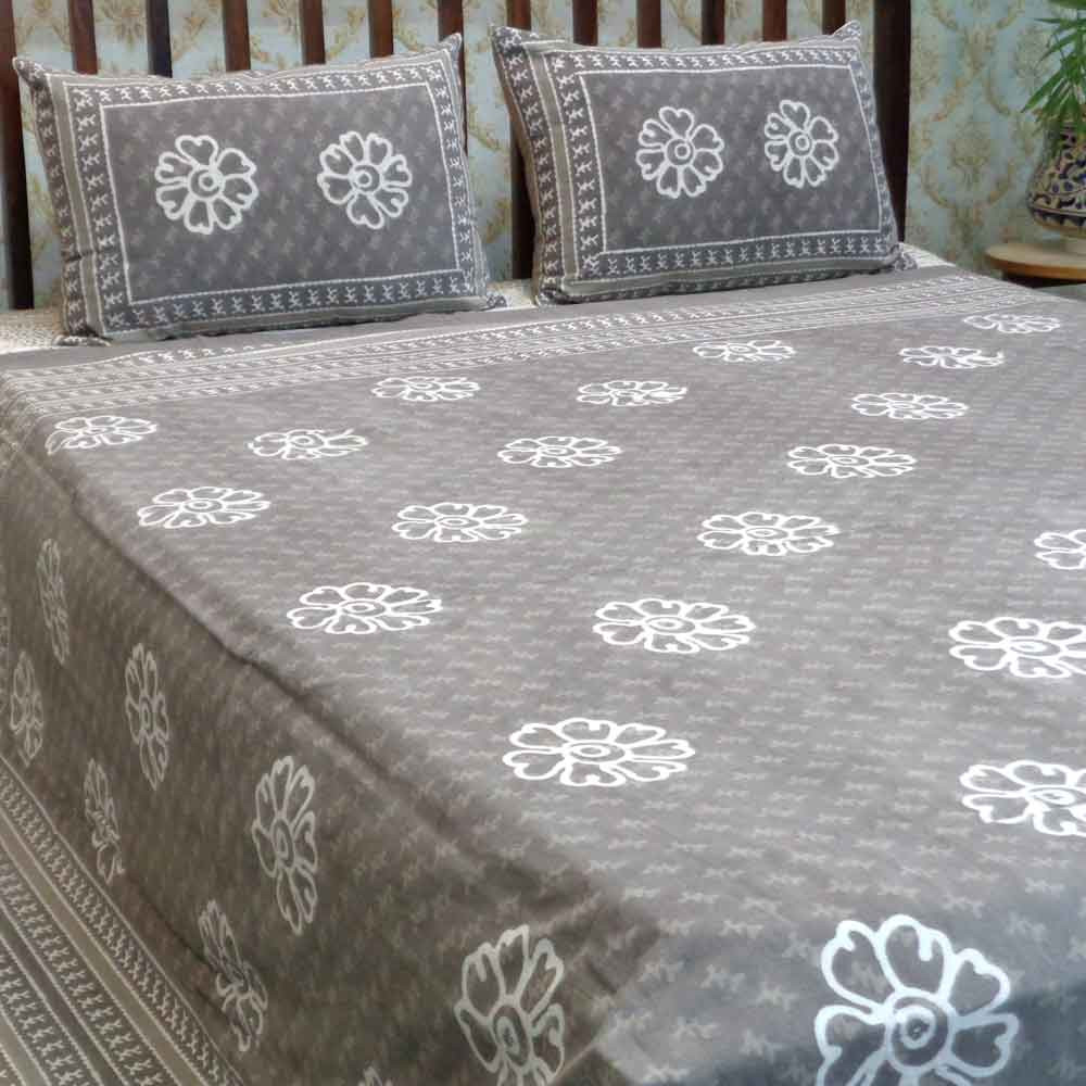 Cotton Block Printed Queen Size Bedspread Bagru Grey Floral 2024