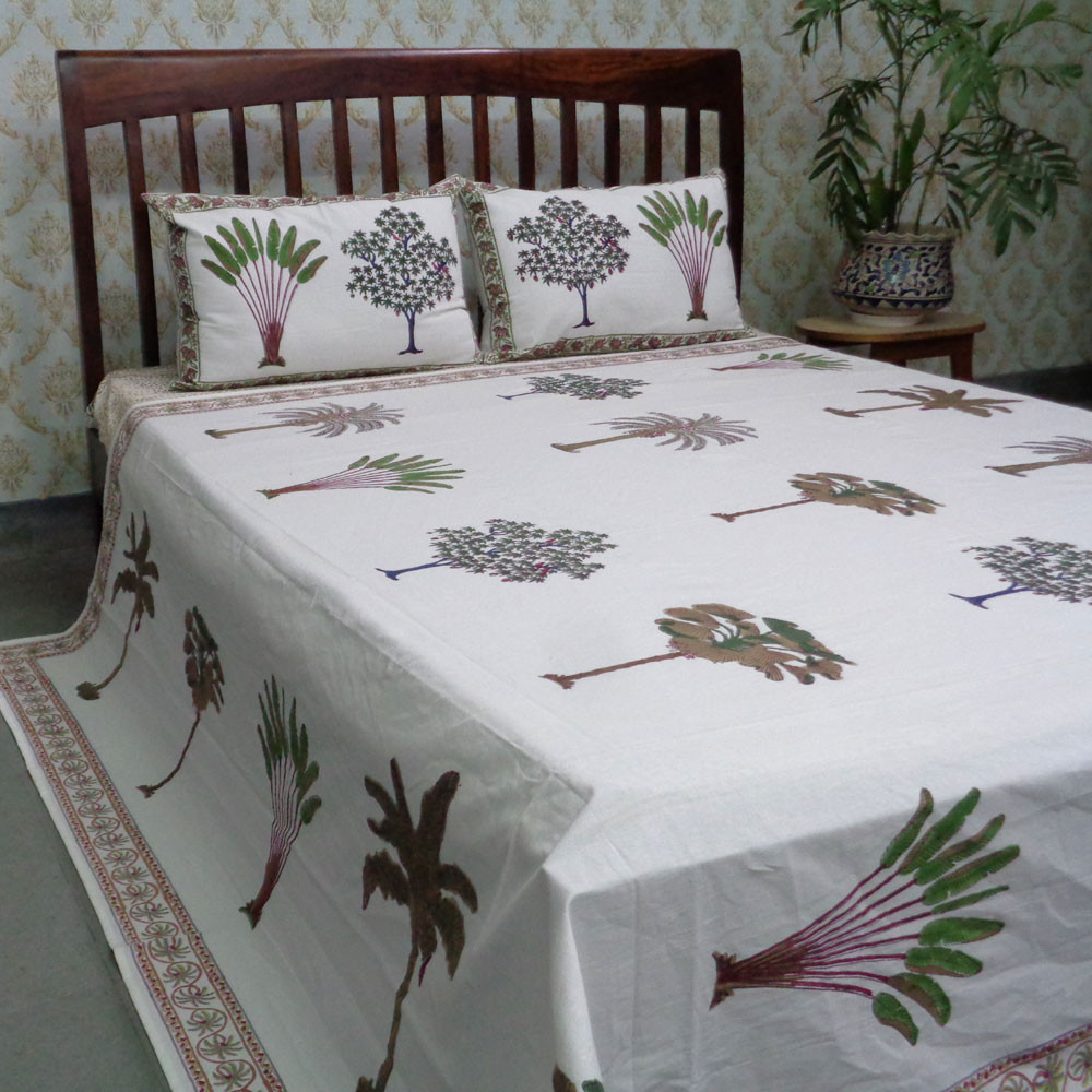 Cotton Block Printed Queen Size Bedspread Banana Palm Leaf 105262