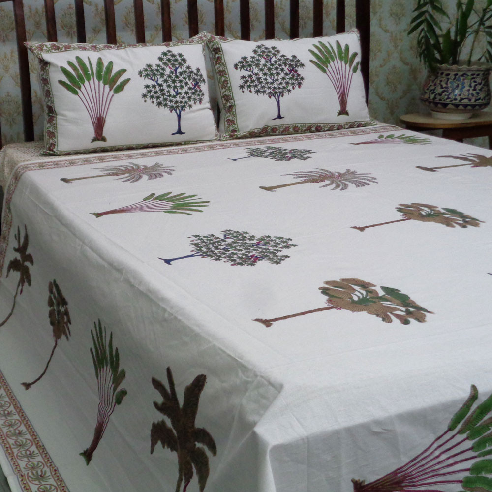 Cotton Block Printed Queen Size Bedspread Banana Palm Leaf 105262