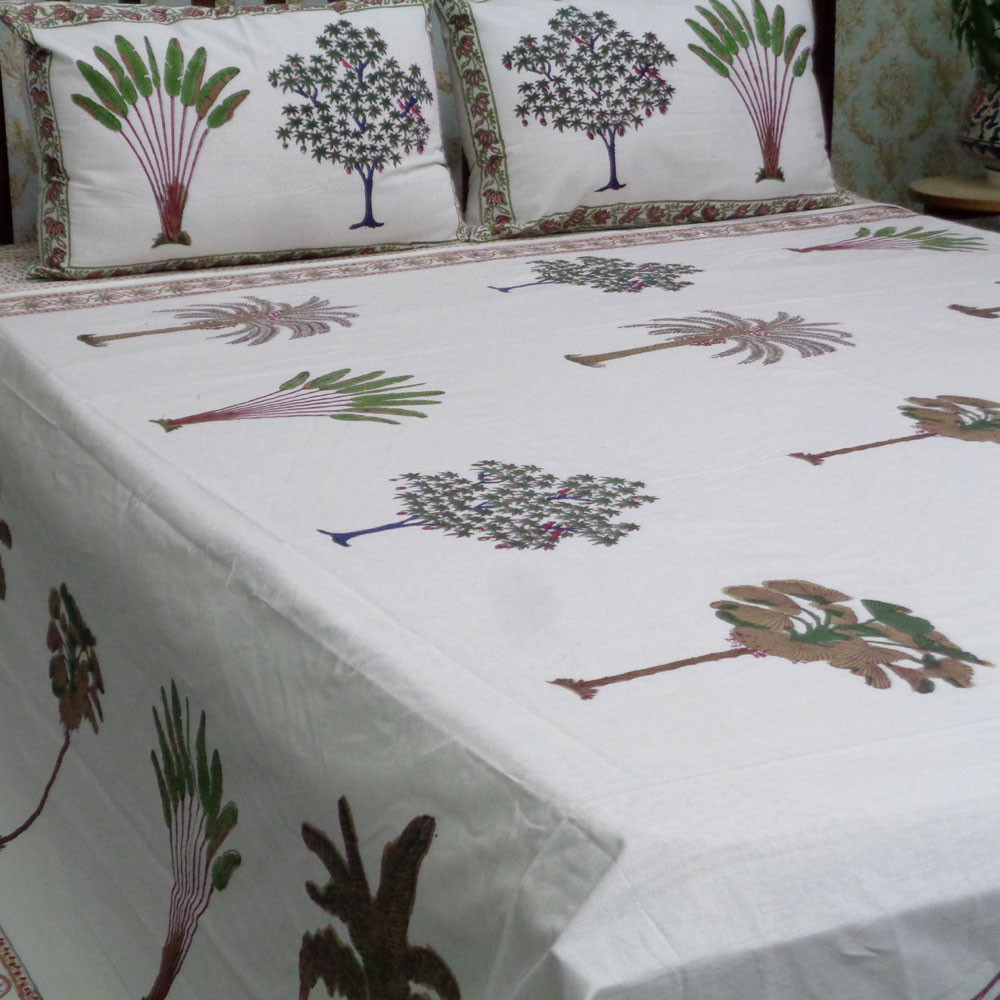 Cotton Block Printed Queen Size Bedspread Banana Palm Leaf 105262