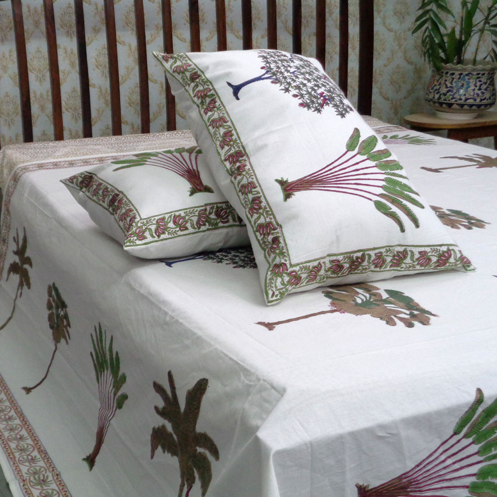 Cotton Block Printed Queen Size Bedspread Banana Palm Leaf 105262