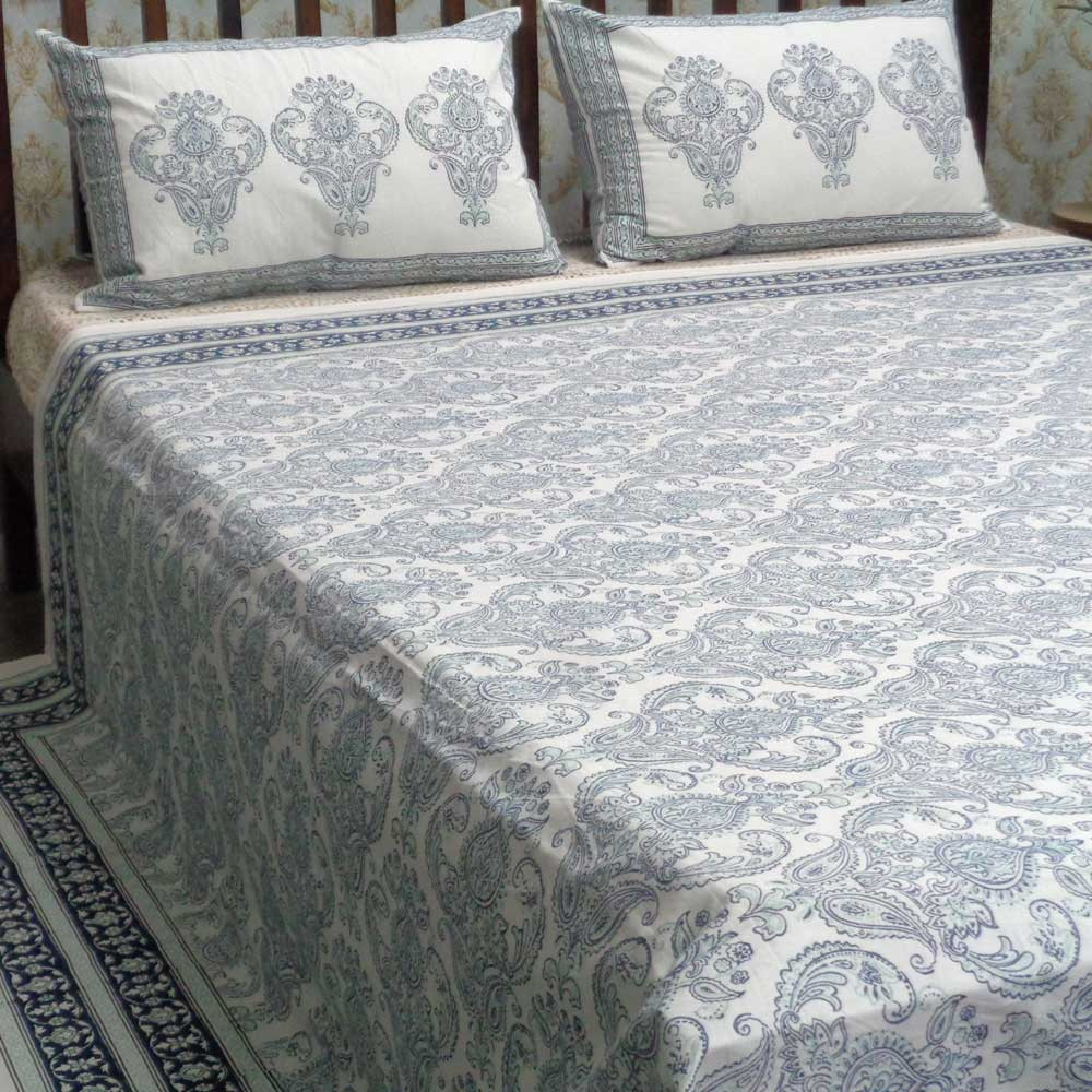 Cotton Block Printed Queen Size Bedspread Crown Paisley 101238