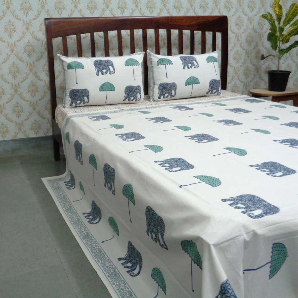 Cotton Block Printed Queen Size Bedspread Elephant Jade Blue 108328