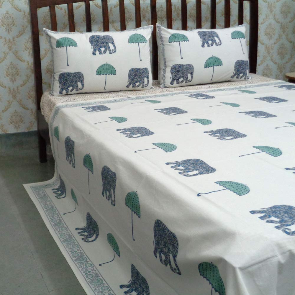 Cotton Block Printed Queen Size Bedspread Elephant Jade Blue 108328