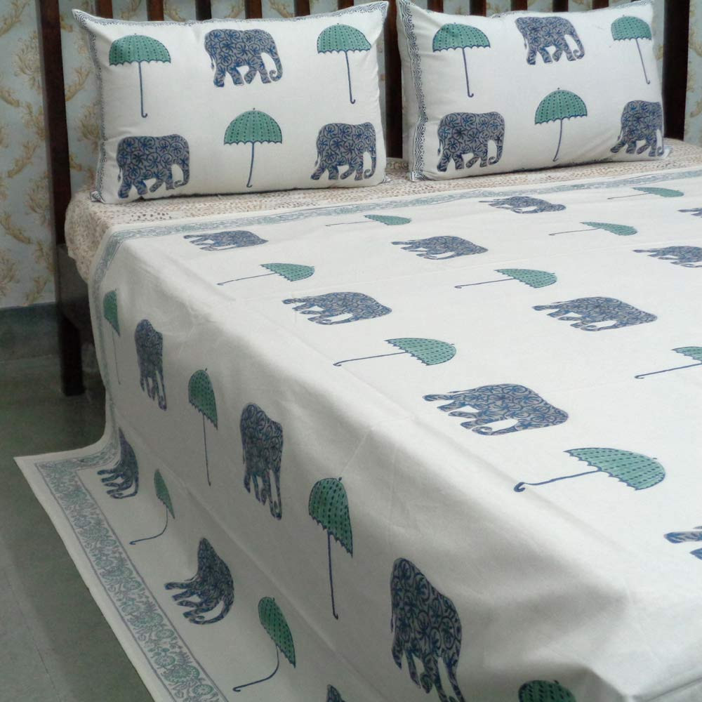 Cotton Block Printed Queen Size Bedspread Elephant Jade Blue 108328
