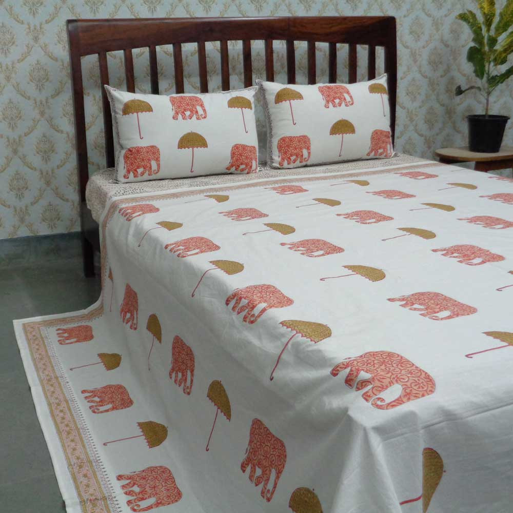 Cotton Block Printed Queen Size Bedspread  Elephant Pink 108325