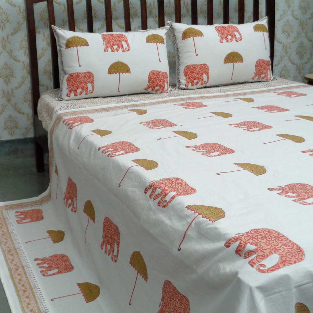 Cotton Block Printed Queen Size Bedspread  Elephant Pink 108325