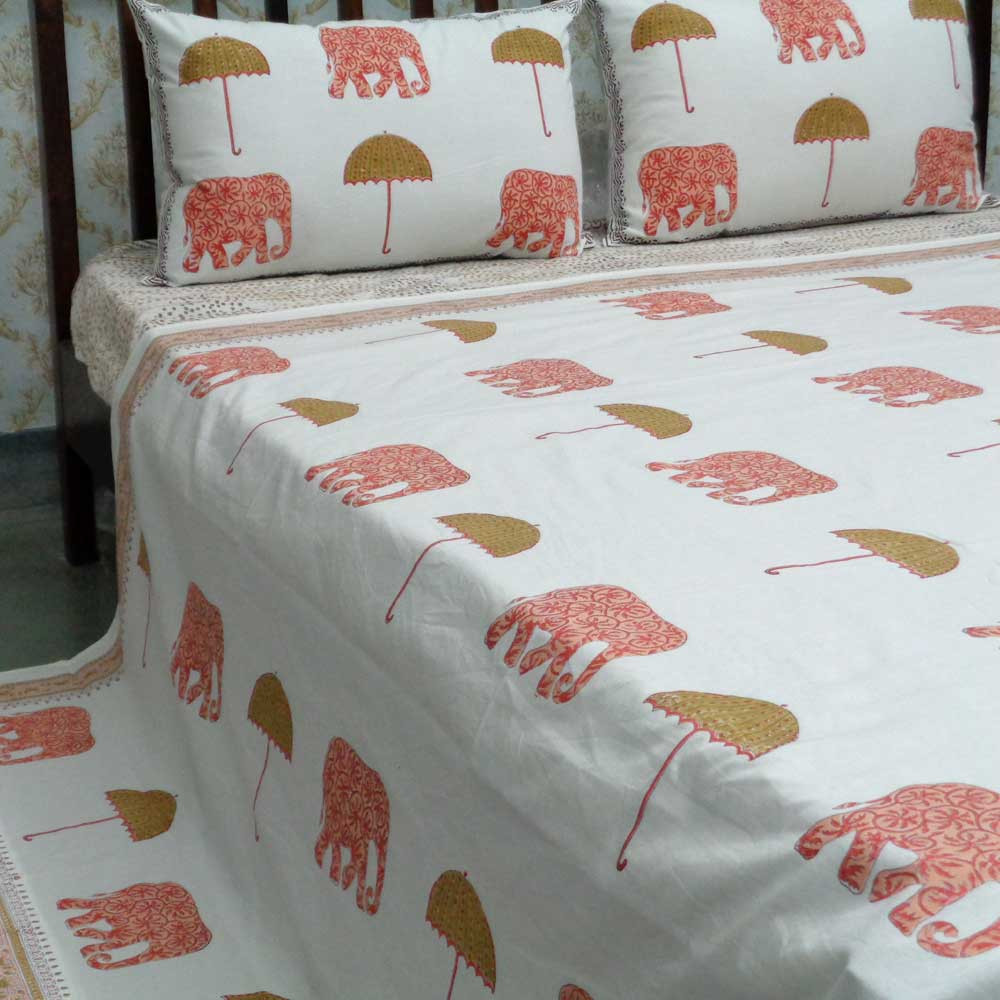 Cotton Block Printed Queen Size Bedspread Elephant Pink 108325