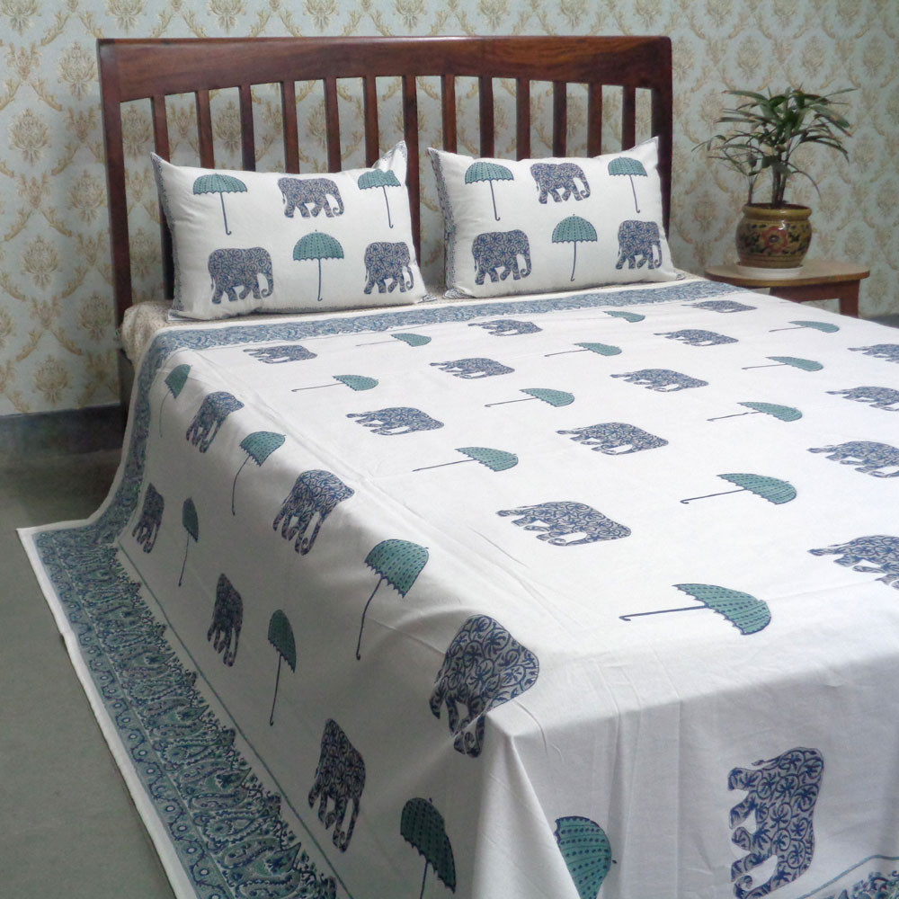 Cotton Block Printed Queen Size Bedspread Elephant Umbrella Jade 101292