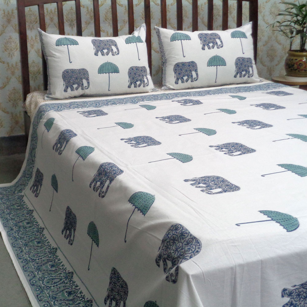 Cotton Block Printed Queen Size Bedspread Elephant Umbrella Jade 101292
