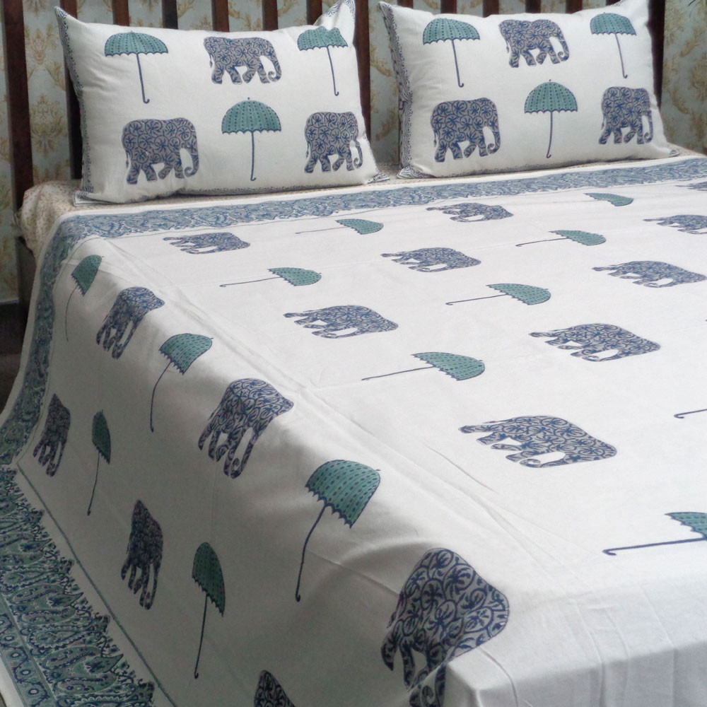 Cotton Block Printed Queen Size Bedspread Elephant Umbrella Jade 101292
