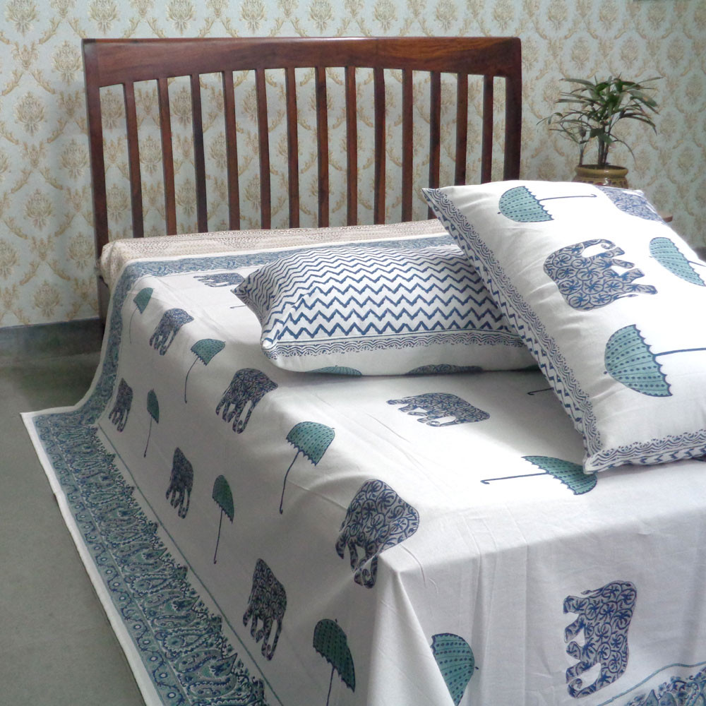 Cotton Block Printed Queen Size Bedspread Elephant Umbrella Jade 101292