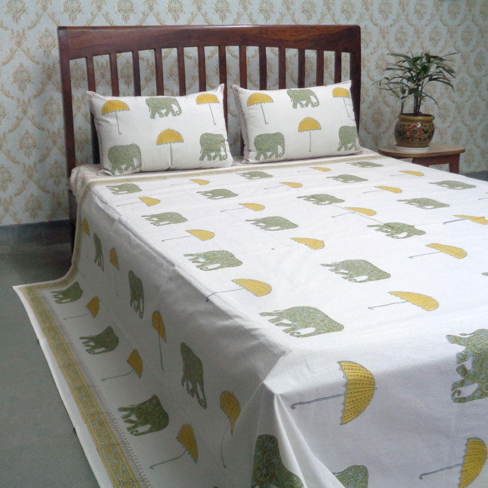 Cotton Block Printed Queen Size Bedspread Elephant Umbrella Lime 101319