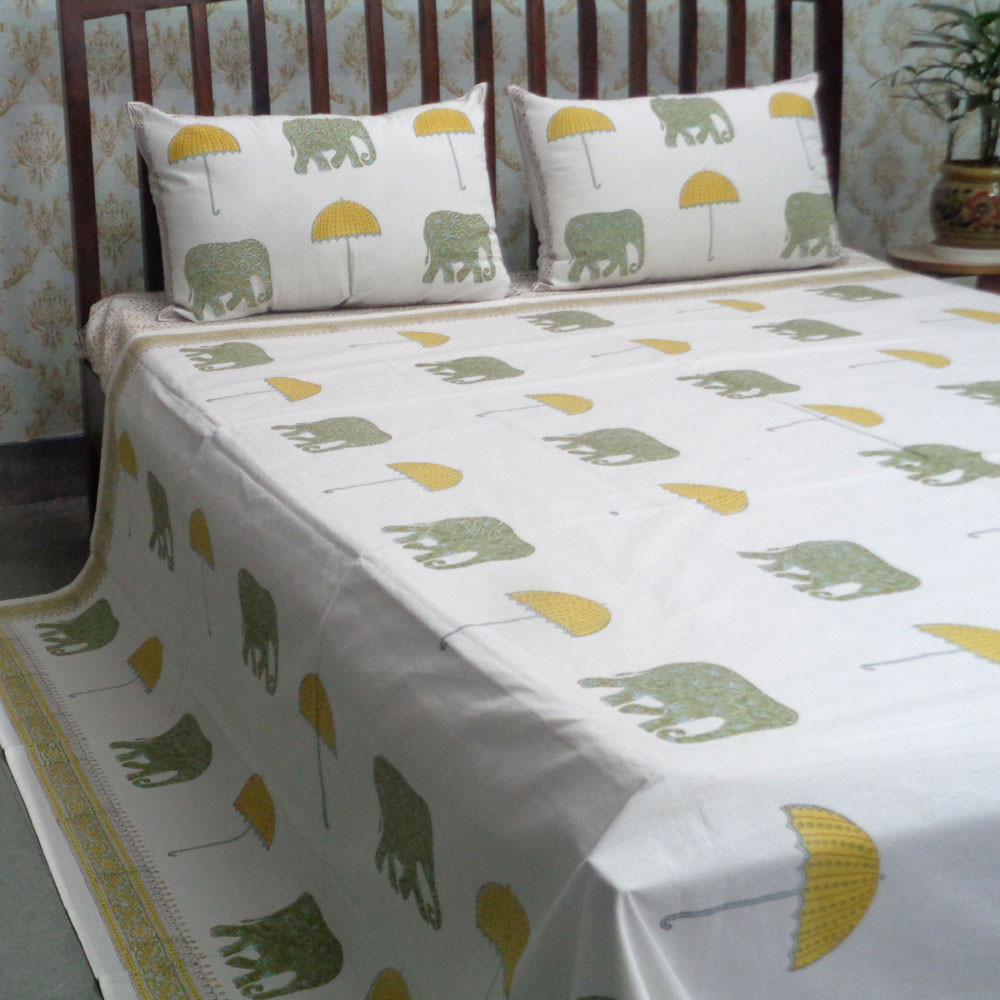 Cotton Block Printed Queen Size Bedspread  Elephant Umbrella Lime 101319