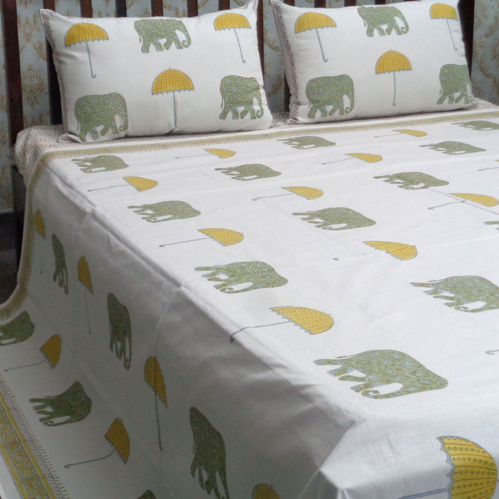 Cotton Block Printed Queen Size Bedspread  Elephant Umbrella Lime 101319