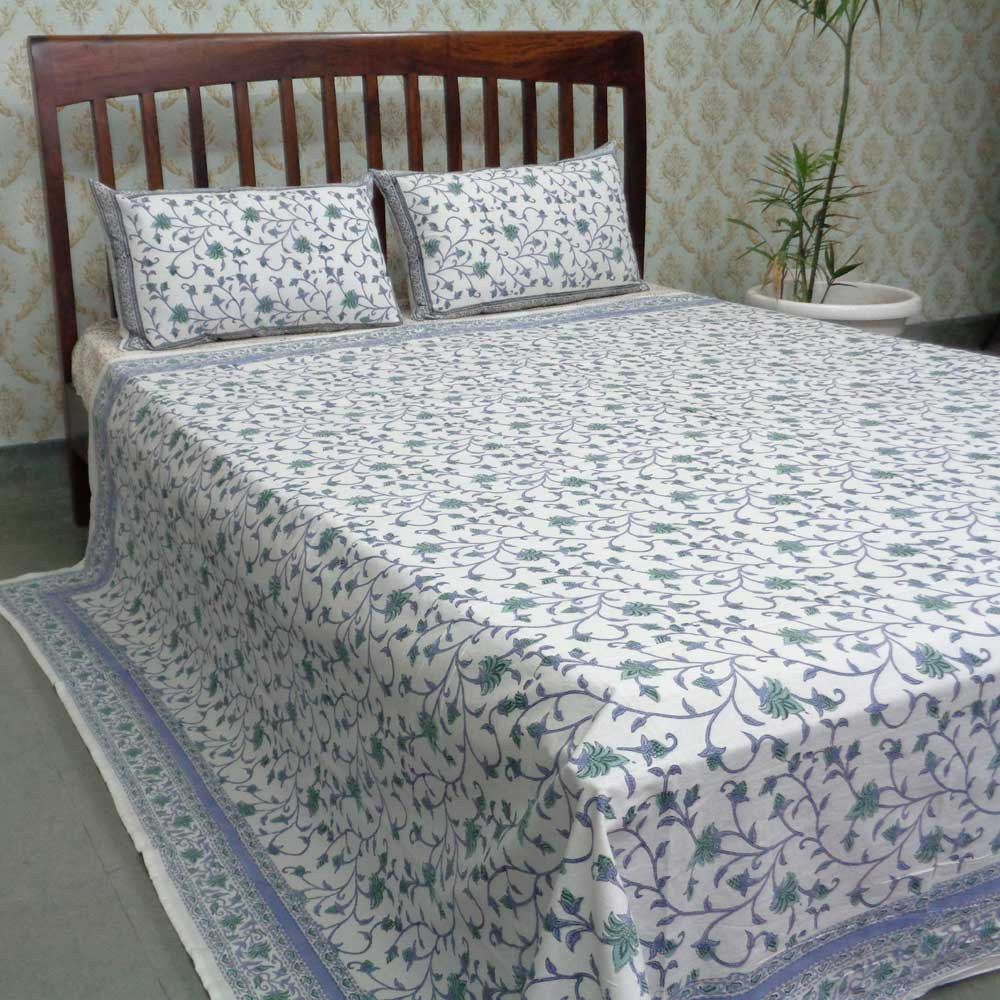 Cotton Block Printed Queen Size Bedspread Floral Bale Blue 4851