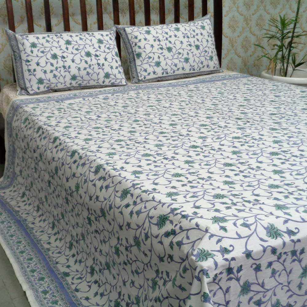 Cotton Block Printed Queen Size Bedspread Floral Bale Blue 4851