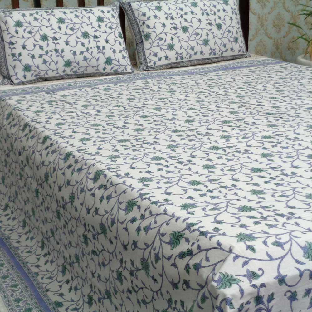 Cotton Block Printed Queen Size Bedspread Floral Bale Blue 4851