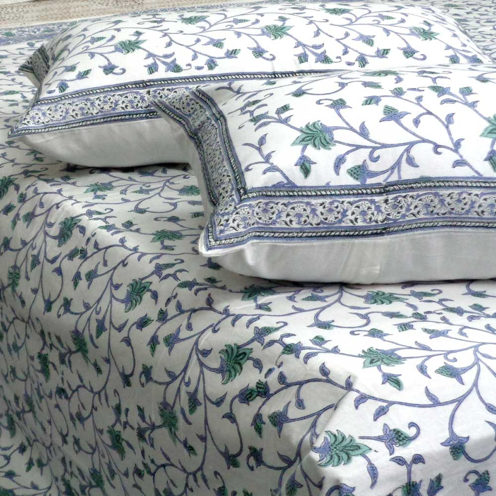Cotton Block Printed Queen Size Bedspread Floral Bale Blue 4851
