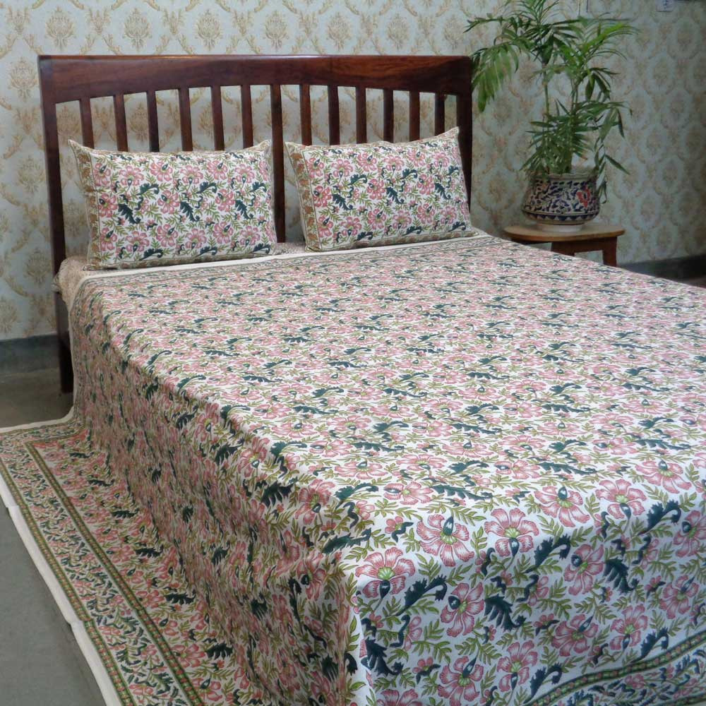 Cotton Block Printed Queen Size Bedspread Flower Bouquet 103048