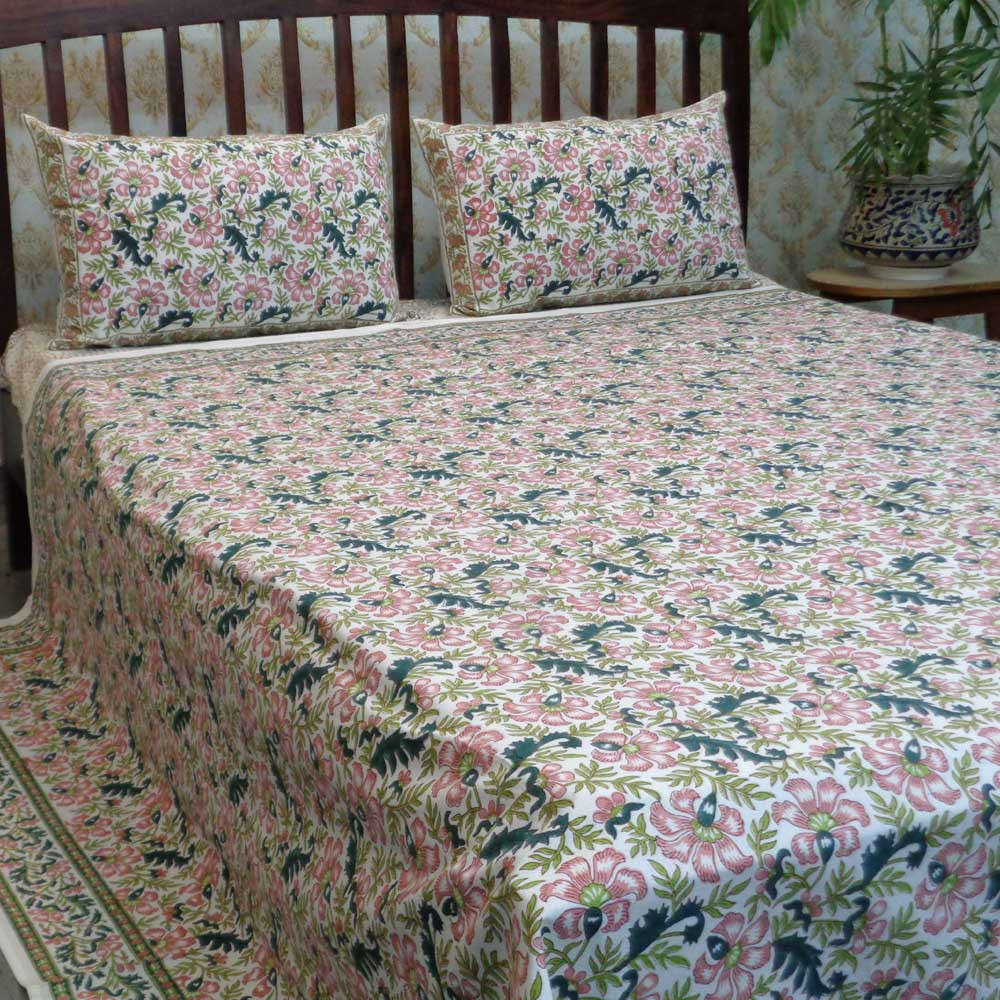 Cotton Block Printed Queen Size Bedspread Flower Bouquet 103048