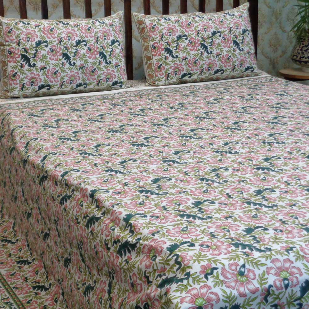 Cotton Block Printed Queen Size Bedspread Flower Bouquet 103048