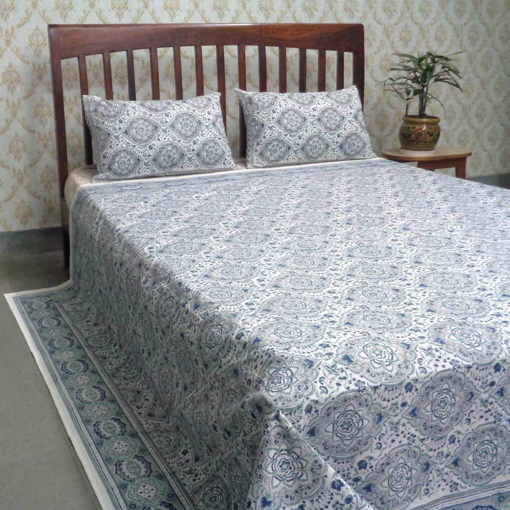 Cotton Block Printed Queen Size Bedspread Mandala Jade Grey 101244