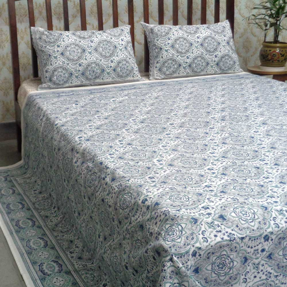 Cotton Block Printed Queen Size Bedspread Mandala Jade Grey 101244