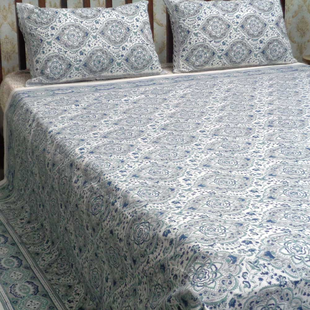 Cotton Block Printed Queen Size Bedspread Mandala Jade Grey 101244