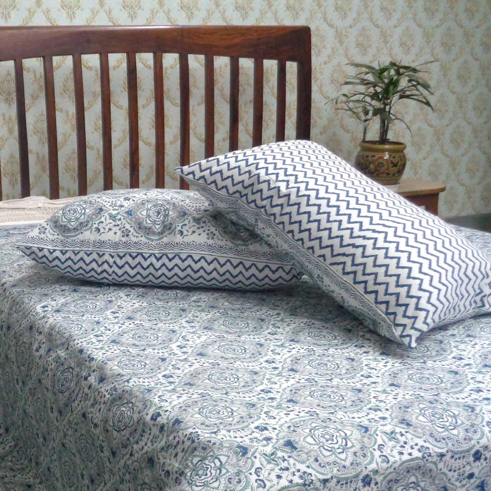 Cotton Block Printed Queen Size Bedspread  Mandala Jade Grey 101244