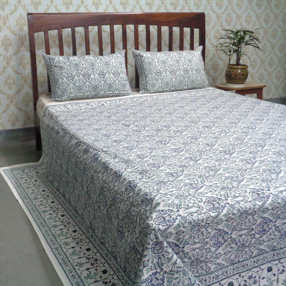 Cotton Block Printed Queen Size Bedspread  Morris Jade Blue 101232