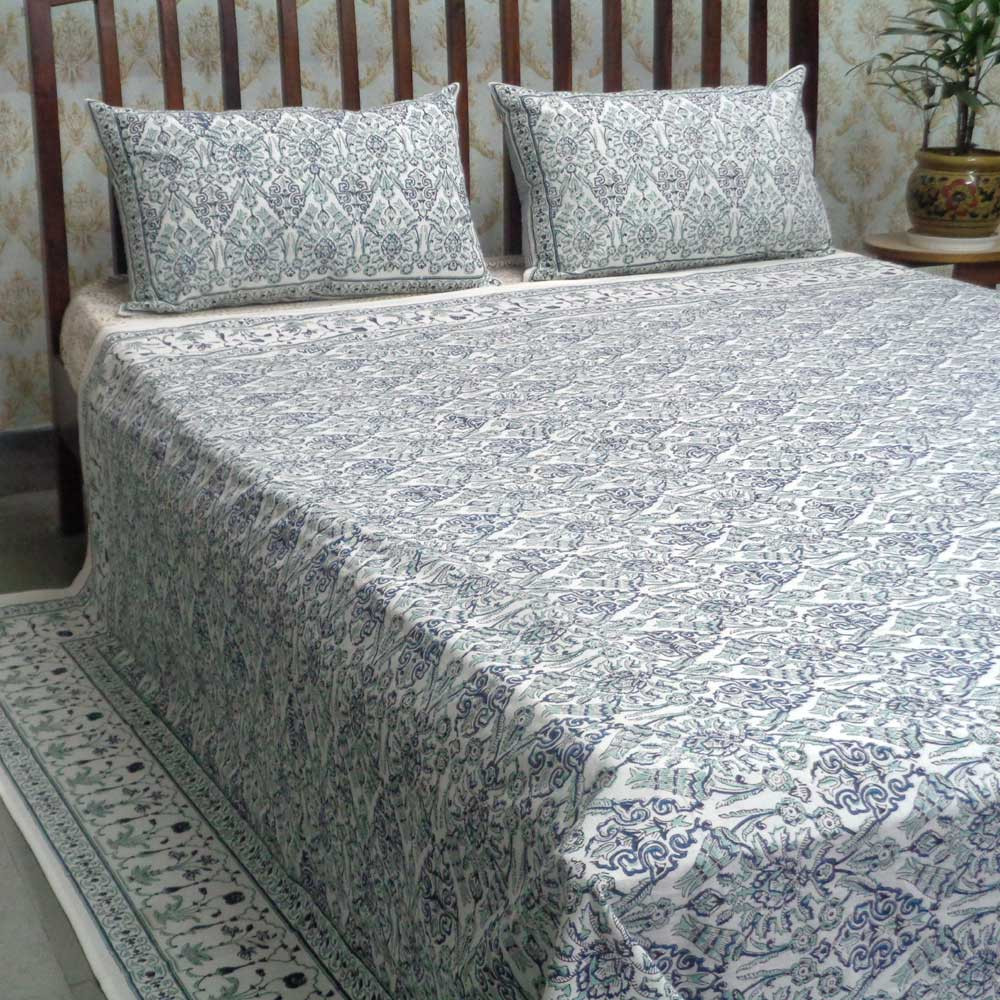 Cotton Block Printed Queen Size Bedspread  Morris Jade Blue 101232
