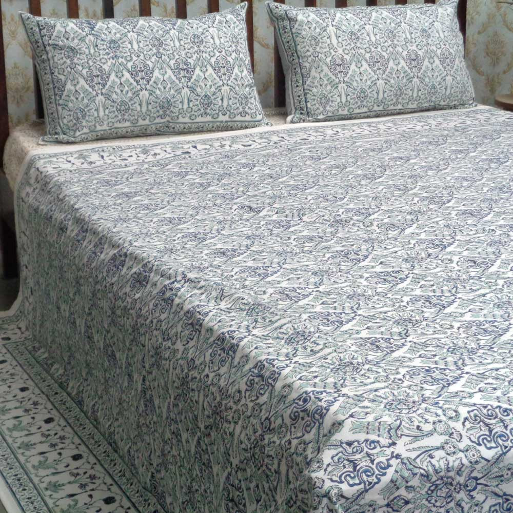 Cotton Block Printed Queen Size Bedspread Morris Jade Blue 101232