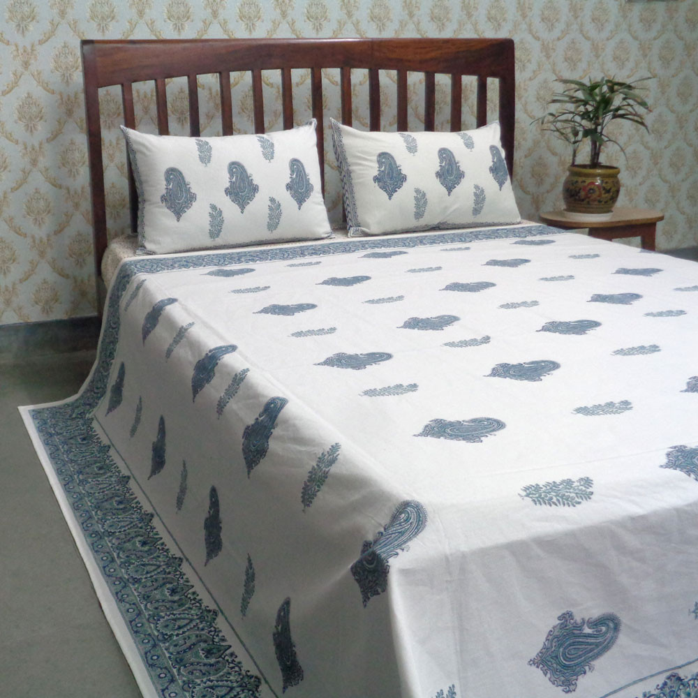 Cotton Block Printed Queen Size Bedspread Paisley Patti Jade Blue 101285