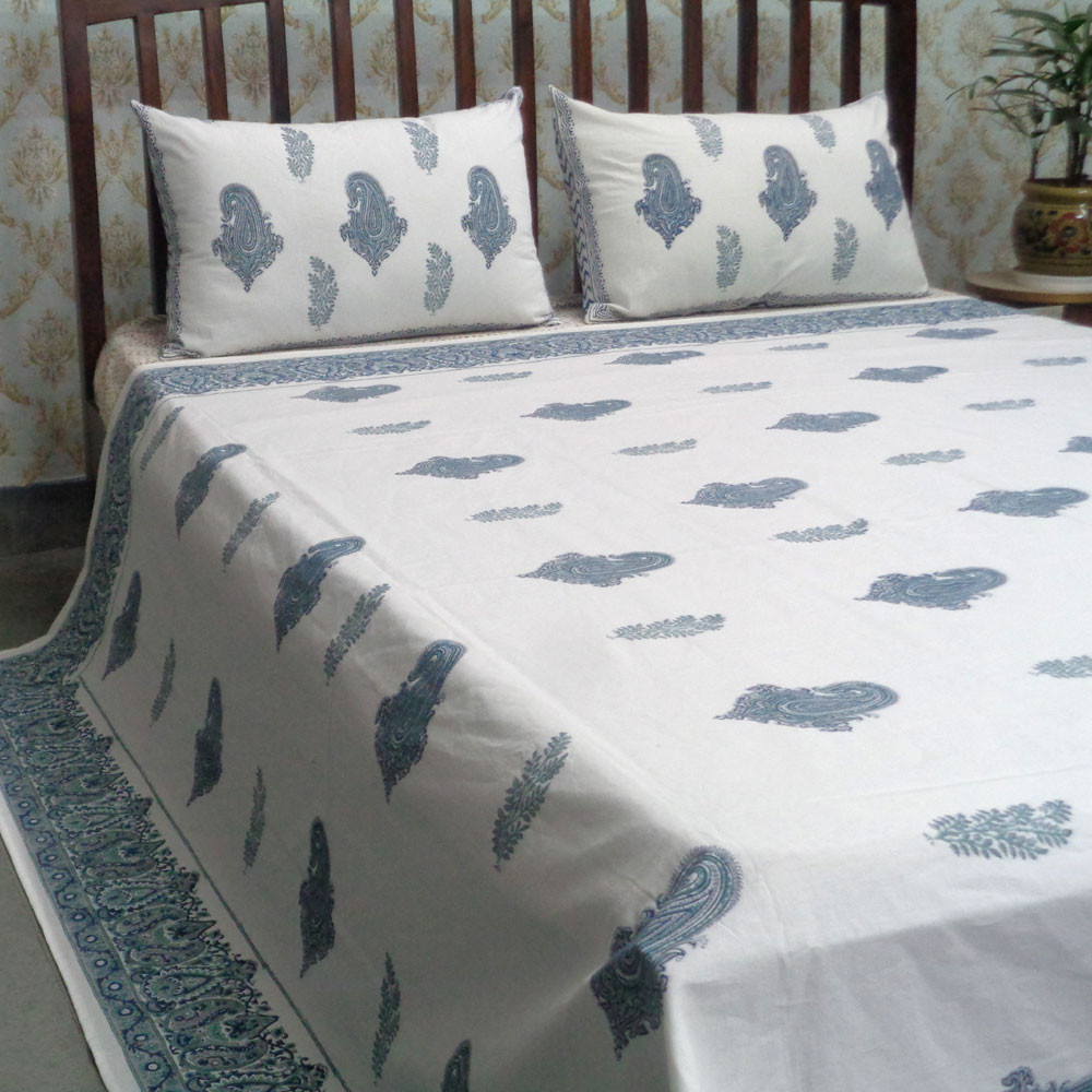 Cotton Block Printed Queen Size Bedspread Paisley Patti Jade Blue 101285